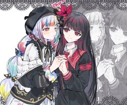  2girls armband beret black_capelet black_hair black_hat black_jacket black_shirt black_skirt bow capelet closed_mouth collared_shirt colored_tips commission contrast_collar crown flower gimdol_z hair_bow hair_flower hair_ornament hat highres holding_hands interlocked_fingers jacket jacket_partially_removed jogasaki_noah long_hair long_sleeves mahou_shoujo_no_majo_saiban mini_crown multi-tied_hair multicolored_hair multiple_girls neck_ribbon necktie nikaido_hiro off_shoulder pleated_skirt polka_dot polka_dot_bow red_armband red_eyes red_flower red_necktie ribbon second-party_source shirt side_capelet skirt sleeve_bow smile streaked_hair translation_request white_hair white_shirt yuri zoom_layer 