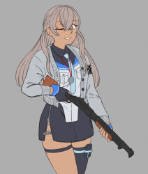  1girl absurdres black_gloves black_skirt black_thighhighs blue_necktie brown_hair cardigan commentary dark-skinned_female dark_skin gloves grey_background grey_cardigan grey_eyes gun hair_between_eyes highres independence_(kancolle) kantai_collection layered_shirt medal necktie rifle ron_(pixiv83091338) shirt simple_background single_glove single_thighhigh skirt solo thigh-highs weapon weapon_request white_shirt 