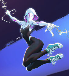  1girl absurdres animal_print bodysuit gwen_stacy highres hood hooded_bodysuit marc_brunet marvel multicolored_bodysuit print_bodysuit silk solo spider-gwen spider-man_(series) spider_print spider_web spider_web_print superhero_costume swinging_on_web two-tone_bodysuit white_bodysuit 