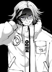  1boy aotsuki_eito arm_up breast_pocket commentary_request drawstring evil_smile eyelashes glasses gloves greyscale hand_on_own_face jacket looking_at_viewer male_focus monochrome nitori2ku pocket short_hair simple_background smile solo spoilers the_hundred_line_-last_defense_academy- twitter_username 