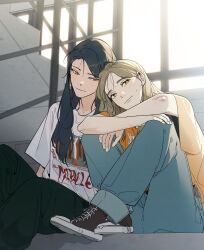  2girls absurdres arm_on_knee blue_hair brown_hair crossed_arms earrings eun_dohae feet_out_of_frame full_body happiness_rides_a_broomstick head_rest highres hugging_own_legs jewelry kim_danjo knees_up leaning_on_person long_hair looking_at_another multiple_girls official_art pants shirt shoes sitting sitting_on_stairs smile sneakers stairs t-shirt yellow_eyes yeongol yuri 