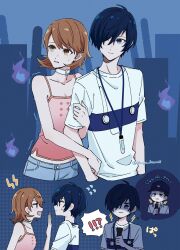  !? 1girl 2boys :3 arm_hug bare_shoulders baseball_cap blue_eyes blue_hair blue_pants brown_eyes brown_hair camisole choker collarbone commentary_request denim digital_walkman earphones_removed earrings flashlight flipped_hair flying_sweatdrops hair_over_one_eye hat heart heart_choker highres hitodama holding holding_flashlight ikuya_kawaii iori_junpei jeans jewelry looking_at_another mp3_player multiple_boys multiple_views official_alternate_costume pants parted_lips persona persona_3 persona_3_reload pink_camisole scared shirt short_hair spaghetti_strap stud_earrings sweatdrop takeba_yukari twitter_username upper_body white_choker white_shirt yuuki_makoto_(persona_3) 