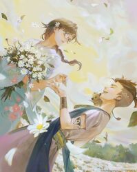  1boy 1girl absurdres animal blue_kimono blue_sash bo_bo_(cytus) bouquet bracer braid brown_hair closed_eyes copyright_notice cytus cytus_ii day earrings field flower flower_field glasses green_eyes griffin hair_flower hair_ornament hair_tattoo highres holding holding_bouquet japanese_clothes jewelry juanone88 kimono long_hair looking_at_another official_art open_mouth parted_lips ponytail rin_(cytus) robe round_eyewear sagar_(cytus) sash short_hair short_ponytail single_braid smile undercut white_flower white_robe wind 