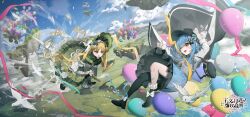  2girls :d ;d absurdres asymmetrical_legwear bag bird black_bag black_bow black_bowtie black_capelet black_flower black_hat black_pantyhose black_rose black_shoes blonde_hair blue_hair blue_necktie blue_skirt bonnet bow bow_flower bowtie braid braided_hair_rings broom broom_riding capelet chinese_commentary clouds collared_shirt commentary_request confetti copyright_name dated deerstalker dress floating_island flower flower-trimmed_dress flower-trimmed_skirt flying footwear_bow frilled_capelet frilled_dress frilled_skirt frilled_sleeves frilled_socks frills green_bonnet green_eyes grey_vest hair_bow hair_flower hair_ornament hair_rings hand_on_headwear hat hat_bow highres layered_dress layered_skirt lolita_fashion long_hair long_sleeves mahou_shoujo_no_majo_saiban multiple_girls necktie one_eye_closed open_mouth pantyhose plaid_clothes plaid_skirt rose shirt shoes short_hair single_leg_pantyhose skirt sky smile socks speech_bubble tachibana_sherry thumbs_up tono_hanna twintails two-tone_dress vest white_bird white_bow white_flower white_rose white_shirt white_socks wide_sleeves winged_hat yellow_eyes yellow_flower yellow_rose yuwenyueyao 