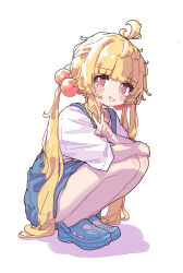  1girl absurdres ahoge aoi_tori blonde_hair blue_shoes blue_skirt blush_stickers chieri-chan_(aoi_tori) commentary_request crocs full_body grin hair_bobbles hair_ornament highres long_hair looking_at_viewer original pleated_skirt red_eyes shirt shoes short_sleeves simple_background skirt smile solo squatting suspender_skirt suspenders twintails v white_background white_shirt 