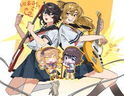  2girls absurdres bass_guitar black_hair black_headband black_sailor_collar black_skirt black_socks blonde_hair blue_eyes chibi fender_jazz_bass glasses grin guitar headband highres holding holding_bass_guitar holding_guitar holding_instrument holding_microphone holding_plectrum instrument jiguang_haibao koishikawa_iko microphone microphone_stand momijiyama_teru multiple_girls neckerchief open_mouth pleated_skirt plectrum red_neckerchief sailor_collar scar scar_across_eyebrow scar_on_face school_uniform semi-rimless_eyewear serafuku shirt short_hair short_sleeves shy_(series) skirt smile socks sweatdrop teeth tongue white_shirt white_socks yellow_eyes 