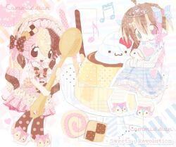  2000s_(style) 2girls :3 :d abcdef-t adorable animal animal_slippers biscuit blonde_hair blonde_streaks blue_background blue_dress blue_eyes blue_pantyhose bow brown_bow brown_eyes brown_hair brown_pantyhose checkerboard_cookie cherry chibi chibi_only choco_girl closed_mouth collage_(medium) colorful_background commission cookie cookie_hair_ornament cute cutecore dot_nose dress duo english english_text eyebrows_visible_through_hair faux_retro_artstyle female female_only food food-themed_hair_ornament food_themed_hair_ornament fruit girl hair_ornament headdress heart heisei_retro heterochromia holding holding_animal holding_spoon kawaii kawaiicore layered_clothes layered_dress long_hair looking_at_viewer moe multicolored_background multicolored_hair multicolored_pantyhose multiple_girls musical_note neapolitan_palette open_mouth original oversized_object pantyhose pink_background pink_eyes pink_hair pink_streaks pocky polka_dot polka_dot_pantyhose polka_dot_sleeves pudding puffy_short_sleeves puffy_sleeves purple_pantyhose rabbit short_sleeves slippers smile spoon streaked_hair striped striped_background swiss_roll tareme text three-tone_hair twintails whipped_cream white_background white_bunny white_dress white_headdress white_pantyhose wholesome yellow_background yellow_pantyhose 