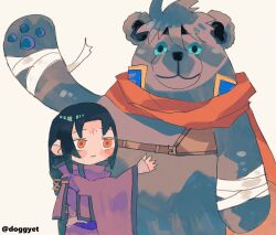  2boys animalization bear black_hair commentary_request doggyet facial_mark fire_emblem fire_emblem:_path_of_radiance forehead_mark highres ike_(fire_emblem) long_hair male_focus multiple_boys red_eyes soren_(fire_emblem) soren_(isolated_strategist)_(fire_emblem) twitter_username 