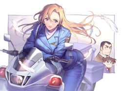  1girl 2boys black_hair blonde_hair blue_eyes bow bowtie buzz_cut commentary_request edogawa_conan feathers floating_hair glasses gloves hagiwara_chihaya long_hair looking_at_another meitantei_conan motor_vehicle motorcycle multiple_boys on_motorcycle police police_uniform policewoman red_bow red_bowtie short_hair smile thick_eyebrows very_short_hair xlo_box yokomizo_jugo 
