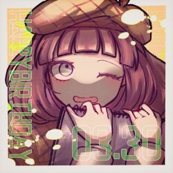  1girl arched_bangs beret border bow brown_hair brown_hat capelet danganronpa_another english_text front_ponytail green_bow green_eyes grid_background happy_birthday hat highres holding holding_sketchbook long_hair long_sleeves nijiue_iroha one_eye_closed open_mouth orange_background plaid_capelet plaid_clothes plaid_hat shirt sketchbook solo srm_d_r129 super_danganronpa_another_2 white_border white_shirt 