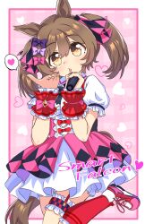  1girl absurdres animal_ears blush bow breasts brown_eyes brown_hair center_frills character_name commentary_request frilled_thigh_strap frills garter_straps hair_between_eyes hair_bow heart highres holding holding_microphone horse_ears horse_girl horse_tail looking_at_viewer mgr3na2sup_6 microphone multiple_hair_bows parted_lips pink_bow pink_skirt puffy_short_sleeves puffy_sleeves purple_bow red_garter_straps red_socks shirt shoes short_sleeves skirt smart_falcon_(love_4ever)_(umamusume) smart_falcon_(umamusume) socks solo spoken_heart standing standing_on_one_leg suspender_skirt suspenders tail thigh_strap twintails umamusume white_shirt wrist_cuffs 