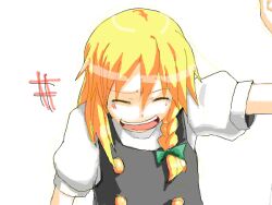  1girl arm_up bad_drawr_id bad_id black_vest blonde_hair bow braid buttons closed_eyes double-breasted green_bow hair_between_eyes hair_bow kirisame_marisa laughing long_hair open_mouth pome_(darkflowne) puffy_short_sleeves puffy_sleeves shirt short_sleeves side_braid solo touhou upper_body vest white_background white_shirt 