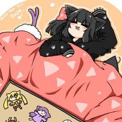  1girl =_= animal_ears arm_up black_hair black_hoodie blush cat_ears cat_girl character_doll chirisazame1 closed_eyes commentary_request doll drooling from_above happy_new_year highres hood hoodie kotatsu kuroneko_yamako long_hair long_sleeves lying new_year on_back open_mouth original pillow sidelocks sleeping sleeves_past_wrists smile table under_kotatsu under_table upper_body 