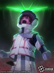  1boy angry banagher_links commentary_request copyright_notice english_text glowing green_assault_visor gundam gundam_card_game gundam_unicorn logo malo_(mlpmpmp) mecha mecha_pilot_suit mobile_suit motion_blur official_art robot science_fiction shouting sunrise_(company) title unicorn_gundam 