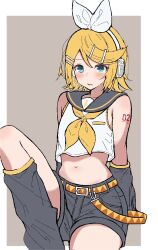  1girl aqua_eyes bare_shoulders belt black_leg_warmers black_sailor_collar black_sleeves blonde_hair blue_hair bow breasts detached_sleeves hair_bow hair_ornament hairclip headphones headset highres kagamine_rin knee_up leg_warmers midriff navel neckerchief number_tattoo open_mouth parallel_hairclips puteme sailor_collar shirt short_hair sitting sleeveless sleeveless_shirt small_breasts tattoo treble_clef vocaloid white_bow white_shirt yellow_belt yellow_neckerchief yellow_trim 