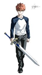  1boy artist_name emiya_shirou excalibur_(fate/stay_night) fate/stay_night fate_(series) highres holding holding_sword holding_weapon male_focus messy_hair pants red_hair shi_draco shirt shoes signature simple_background spiky_hair sword t-shirt weapon white_background yellow_eyes 