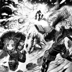  1boy 1girl armor arms_up battle belt book boots breastplate cable_knit commentary fantasy feet_out_of_frame fire floating_hair from_behind full_body gauntlets hands_up highres holding holding_book holding_shield holding_staff jacket jun_(navigavi) long_hair long_sleeves looking_at_another looking_to_the_side magic medium_hair monochrome monster nose_shade open_book open_clothes open_jacket original pants pointy_ears pyrokinesis scared scarf shield shirt staff thigh_boots untranslatable_commentary wavy_mouth 