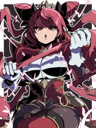  1girl absurdres ahoge border breasts brown_background dominus_purge dominusteer_rosepamela double_bun duel_monster earrings gloves hair_bun highres holding holding_own_hair holding_whip jacket jewelry long_hair looking_at_viewer open_mouth outside_border pantyhose red_eyes red_pantyhose shirt shorts whip white_border white_gloves white_shirt yu-gi-oh! zmts12gshokew 