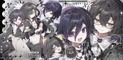  1boy 1girl :d :o absurdres alternate_costume apron artist_name bib_collar black-framed_eyewear black_dress black_jacket broom checkered_bandana commission crossdressing crossdressing_(mtf) cup danganronpa_(series) danganronpa_v3:_killing_harmony dot_nose dress eighth_note eyes_visible_through_hair frilled_apron frilled_dress_collar frills from_above glasses hair_between_eyes hair_over_one_eye highres holding holding_broom holding_saucer jacket jitome kimmissionn light_blush long_dress long_hair long_hair_between_eyes long_sleeves looking_at_viewer maid male_maid multiple_views musical_note oc_x_canon oma_kokichi one_eye_covered open_clothes open_jacket original puritan_collar purple_hair saucer semi-rimless_eyewear short_hair sleeve_cuffs smile sparkle split_mouth spoken_musical_note teacup under-rim_eyewear violet_eyes waist_apron yellow_eyes 