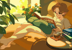  1girl absurdres bare_legs bare_shoulders book brown_eyes brown_hair chair closed_mouth commentary cup cushion drinking_glass english_commentary evening flower full_body glasses highres holding holding_book indoors looking_at_object mia_arai000oj on_chair orange_flower original pile plant potted_plant reading reclining shirt short_hair short_sleeves slice_of_life smile solo tea warm_colors white_shirt 