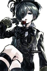  1244_333 1boy absurdres aristocratic_clothes bishounen black_gloves black_jacket black_shorts black_socks blue_eyes blue_hair bow bowtie buttons ciel_phantomhive commentary_request commission cowboy_shot crossed_legs double-breasted eyepatch food fork frilled_sleeves frills fruit gloves hair_between_eyes hat highres holding holding_fork imminent_bite jacket korean_commentary kuroshitsuji legwear_garter long_sleeves looking_at_viewer male_focus one_eye_covered open_mouth ouji_fashion short_hair shorts simple_background sleeve_cuffs socks solo strawberry top_hat white_background 
