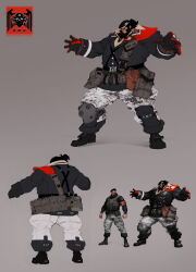  1boy absurdres ammunition_pouch armor bandolier beard belt belt_buckle belt_pouch beret black_boots black_gloves black_hat boots buckle camouflage camouflage_pants canteen clothes_writing concept_art english_text explosive facial_hair full_beard gloves grey_pants gunz_2_the_second_duel gunz_the_duel hat highres holster jacket jerrypark knee_pads logo military military_hat military_jacket military_uniform multiple_views official_art pants pouch red_gloves reference_sheet shoulder_armor single_knee_pad suspenders 