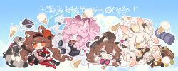  4girls :d ahoge angelina_(arknights) angelina_the_mellow_wish_(arknights) animal_ear_fluff animal_ears arknights bag black_bag black_collar black_hairband blue_background box brown_bag brown_hair cardboard_box chibi chibi_only chigui_jihe chinese_commentary collar commentary_request english_text floating fox_ears fox_girl gloves grey_eyes hair_between_eyes hairband highres hiking_backpack holding holding_umbrella ice_cream_cone infection_monitor_(arknights) jacinta_(arknights) logo long_hair looking_at_viewer multicolored_hairband multiple_girls one_eye_closed orange_gloves outline pink_eyes pink_hair rabbit_ears rabbit_girl raccoon_ears raccoon_girl smile sparkle thumpy_(arknights) timeslot_(arknights) twintails two-tone_hairband umbrella very_long_hair white_hair white_umbrella 