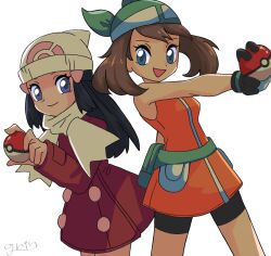  2girls bandana bike_shorts black_gloves black_hair black_shorts blue_eyes brown_hair closed_mouth commentary_request dress eyelashes fanny_pack gloves green_bandana hair_ornament hairclip hat highres hikari_(pokemon) holding holding_poke_ball long_hair long_sleeves looking_at_viewer may_(pokemon) mkrn_grtn multiple_girls open_mouth orange_dress poke_ball poke_ball_(basic) pokemon pokemon_diamond/pearl/platinum pokemon_emerald pokemon_platinum pokemon_ruby/sapphire/emerald red_dress scarf short_hair shorts signature sleeveless sleeveless_dress smile white_background white_hat white_scarf 