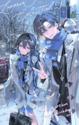  1boy 1girl absurdres bag bare_tree black_bag black_hair black_shirt black_sweater blue_eyes blue_gloves blue_scarf blue_sky chi_lai_chun closed_mouth coat commission commissioner_insert day english_text fence gloves green_eyes grey_coat hair_intakes happy_birthday highres holding holding_bag lapels long_hair long_sleeves mihuashi_commission notched_lapels oc_x_canon open_clothes open_coat open_mouth original outdoors power_lines scarf shirt short_hair sign sky smile sweater tree triangle_button v watermark white_shirt winter winter_clothes xiao_yi_(light_and_night_love) 