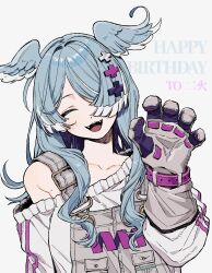  1girl :3 armpit_crease blue_hair blush chinese_commentary closed_eyes collarbone commentary_request elira_pendora elira_pendora_(1st_costume) fangs gloves hair_ornament hair_over_one_eye happy happy_birthday head_tilt head_wings highres lazulight long_hair mole mole_on_armpit nijisanji nijisanji_en one_eye_covered open_mouth rokkatera simple_background smile solo sweater teeth tongue upper_body upper_teeth_only virtual_youtuber white_background wings 