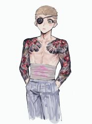  1boy arm_tattoo bandaged_stomach bandages blonde_hair danganronpa_(series) danganronpa_2:_goodbye_despair dragon_print eyepatch freckles hands_in_pockets highres irezumi kamo_(kamooo44) kuzuryu_fuyuhiko pants short_hair shoulder_tattoo simple_background solo tattoo white_background 