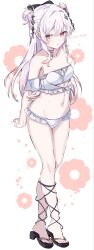 1girl alternate_costume arms_behind_back artist_name bare_shoulders bikini black_sandals commentary_request dress flip-flops full_body hair_between_eyes highres long_hair looking_at_viewer mahou_shoujo_no_inshuu_mura meimei_(meimei89008309) off-shoulder_bikini off-shoulder_dress off_shoulder orange_hair panties pink_hair sandals signature solo swimsuit thigh_strap twitter_username underwear watanuki_sakuya_(manomura) white_background white_bikini white_panties 