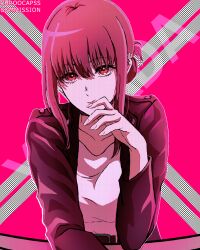  1girl black_jacket closed_mouth collarbone commentary_request ear_piercing hand_on_own_face highres jacket long_bangs looking_at_viewer open_clothes open_jacket piercing red_background red_eyes red_hair shirt simple_background smile solo super_no_ura_de_yani_suu_futari white_shirt yamada_(super_no_ura_de_yani_suu_futari) 