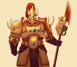  1other adeptus_custodes armor artist_name belt blue_gem bronze_armor brown_gloves clenched_hands fake_horns forehead_jewel gem gloves halberd helmet highres holding holding_polearm holding_weapon horned_helmet horns lamellar_armor loincloth pauldrons polearm power_armor shoulder_armor simple_background solo tassel warhammer_40k weapon xavvybel 