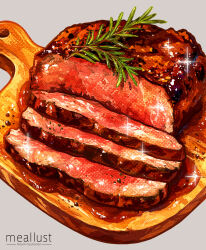  artist_name beef commentary_request food food_focus grey_background haruna_macpro highres meat no_humans original simple_background sparkle steak still_life 