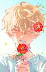  1boy akanichiyu alien_stage artist_logo artist_name blonde_hair choker closed_eyes colored_eyelashes commentary flower hair_between_eyes hair_flower hair_ornament highres holding holding_flower logo luka_(alien_stage) male_focus portrait shirt short_hair smile solo very_short_hair watermark watermark_grid white_choker white_shirt 