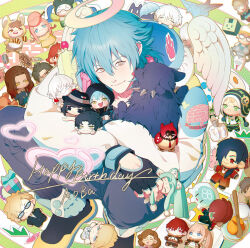 1boy animal black_gloves blue_hair character_doll character_name clear_(dramatical_murder) closed_mouth commentary_request denim dog doll dramatical_murder everyone fingernails full_body gloves halo happy_birthday heart highres jeans knees_up koujaku licking licking_another's_cheek licking_another's_face long_hair looking_at_viewer male_focus miemia mink_(dramatical_murder) mizuki_(dramatical_murder) noiz_(dramatical_murder) pants ren_(dramatical_murder) sei_(dramatical_murder) seragaki_aoba smile solo trip_(dramatical_murder) usagimodoki virus_(dramatical_murder) wings yellow_eyes 