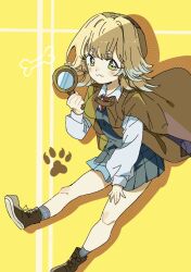  :3 \||/ ankle_socks blue_skirt blue_vest boots brown_boots brown_capelet brown_cloak brown_hair brown_hat capelet cartoon_bone cloak collared_shirt colored_shadow colored_tips dalidari27 drop_shadow flipped_hair floating_cape flower_in_eye full_body green_eyes grey_socks hair_between_eyes halftone halftone_outline hand_on_own_thigh hasu_hasuha hat highres holding holding_magnifying_glass kimi_no_koto_ga_dai_dai_dai_dai_daisuki_na_100-nin_no_kanojo lace-up_boots long_hair long_sleeves looking_at_viewer magnifying_glass miniskirt multicolored_hair necktie ohananomitsu_high_school_uniform outline paw_print plaid_clothes plaid_necktie plaid_socks pleated_skirt red_necktie school_uniform shadow shirt short_eyebrows skirt socks symbol_in_eye thick_eyebrows two_side_up v-shaped_eyebrows vest white_shirt yellow_background 