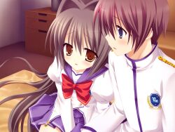 1boy 1girl 2000s_(style) benzaiten_enishi between_legs black_hair blue_eyes bow bowtie brown_eyes brown_hair buttons chest_of_drawers couch double-breasted emblem from_above game_asset hair_intakes high_collar highres indoors jacket juliet_sleeves long_hair long_sleeves looking_to_the_side miniskirt nanairo_kouro non-web_source pants parted_lips pleated_skirt profile puffy_sleeves purple_sailor_collar purple_skirt red_bow red_bowtie sailor_collar sasorigatame school_uniform self-datamine short_hair shoulder_boards side-by-side sitting skirt striped_clothes very_long_hair white_jacket white_pants