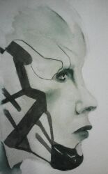  1girl absurdres closed_mouth colored_skin commentary cyborg drifters_(eve_online) el-sior eve_online from_side grey_lips grey_skin greyscale highres lips monochrome no_eyebrows nose painting_(medium) profile science_fiction solo traditional_media watercolor_(medium) white_background 