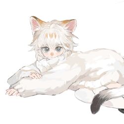  1other androgynous animal_ears animal_nose black_tail blonde_streaks blue_eyes blush british_shorthair cat_ears cat_girl cat_tail chinese_commentary closed_mouth commentary_request dilated_pupils expressionless feet_out_of_frame hair_flaps hand_on_own_arm highres keli_ng_ng long_sleeves looking_at_viewer lying multicolored_hair on_side original other_focus over-kneehighs personification photo-referenced procreate_(medium) puffy_long_sleeves puffy_sleeves short_hair simple_background sleeves_past_wrists solo streaked_hair sweater tail thigh-highs two-tone_tail very_short_hair white_background white_hair white_sweater white_thighhighs 