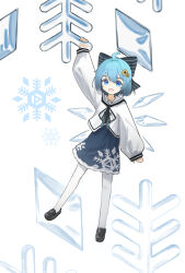  1girl ahoge alternate_costume black_bow black_ribbon black_shoes blue_dress bow cirno commentary_request dress edsky0309 flower full_body hair_between_eyes hair_bow hair_flower hair_ornament highres loafers long_sleeves looking_at_viewer neck_ribbon open_mouth pantyhose print_dress ribbon shirt shoes simple_background smile snowflake_print snowflakes solo sunflower touhou white_background white_pantyhose white_shirt yellow_flower 