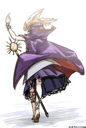  1girl absurdres artist_name blonde_hair bracelet cape commentary_request dated earmuffs facing_away full_body highres jewelry one-hour_drawing_challenge pointy_hair purple_cape purple_skirt red_cape sheath sheathed shirt short_hair skirt solo sword touhou toyosatomimi_no_miko two-sided_cape two-sided_fabric ve1024 weapon white_shirt 