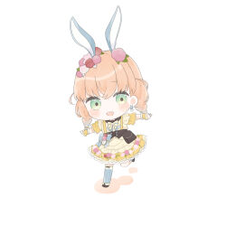 1girl absurdres animal_ears asymmetrical_legwear black_sailor_collar blue_thighhighs bow bowtie braid chibi chibi_only commentary_request dress flower frilled_dress frills fushigi_to_kimi_to_library green_eyes hair_flower hair_ornament highres hinoshita_kaho leg_up looking_at_viewer love_live! love_live!_hasu_no_sora_jogakuin_school_idol_club low_twin_braids outstretched_arms pink_flower rabbit_ears sailor_collar short_sleeves simple_background solo spread_arms thigh-highs twin_braids umi_(nana_spring) uneven_legwear virtual_youtuber white_background yellow_bow yellow_bowtie yellow_dress 