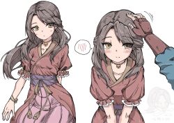  1girl absurdres bell blush chinese_clothes hanfu highres legend_of_mortal looking_at_viewer multiple_views neck_bell petting pink_skirt red_hanfu rikuhito skirt smile tang_moling zhao_huo 