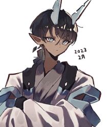  1boy 2023 blue_eyes braid braided_ponytail brown_hair closed_mouth commentary_request crossed_arms dark-skinned_male dark_skin earrings floating_earrings hair_between_eyes head_tilt horns ice_god_(jimini_shijimi) japanese_clothes jewelry jimini_shijimi kimono long_hair long_sleeves looking_at_viewer original pointy_ears simple_background solo upper_body white_background 