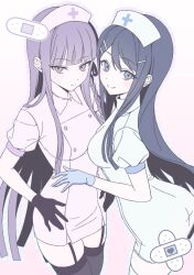  2girls bandages black_gloves blue_eyes blue_gloves blue_hair blunt_bangs closed_mouth collared_dress danganronpa:_trigger_happy_havoc danganronpa_(series) dress expressionless gloves hand_on_own_hip hat highres keke_(xfxyuio) kirigiri_kyoko long_hair looking_at_viewer maizono_sayaka multiple_girls nurse nurse_cap outline pink_background puffy_sleeves purple_hair short_sleeves smile thigh-highs very_long_hair violet_eyes 