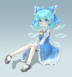  1girl absurdres adapted_costume ahoge alternate_costume ascot black_shoes blue_bow blue_eyes blue_hair blue_skirt blush bow cirno closed_mouth commentary cosplay dated_commentary detached_sleeves detached_wings frilled_bow frilled_hair_tubes frilled_skirt frills hair_bow hair_tubes hakurei_reimu hakurei_reimu_(cosplay) highres ice ice_wings looking_at_viewer mary_janes ribbon-trimmed_skirt ribbon-trimmed_sleeves ribbon_trim shoes sitting skirt skirt_set smile socks solo toorooo touhou white_socks wings yellow_ascot 