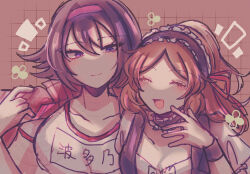  2girls apron black_dress black_hair blue_eyes bow brown_eyes brown_hair closed_eyes collarbone commentary_request danganronpa_another danganronpa_another:_another_despair_academy dress flipped_hair frills hairband hatano_ayame headband highres jacket jacket_on_shoulders laughing light_smile long_hair maid maid_headdress multiple_girls ponytail puffy_short_sleeves puffy_sleeves red_ribbon ribbon shirt short_hair short_sleeves smile srm_d_r129 taira_akane tank_top watermark white_shirt 