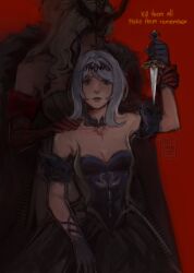  2girls arm_strap arm_up autumn_cot bare_shoulders black_choker black_coat black_dress black_hairband blonde_hair blue_dress blue_eyes blue_feathers blue_gloves blue_hair breasts choker closed_eyes closed_mouth coat collarbone commentary covered_mouth cowboy_shot dagger dress elbow_gloves empty_eyes english_text eyelashes fatui_coat feather_hair_ornament feathers from_side fur-trimmed_coat fur_trim genshin_impact gloves hair_between_eyes hair_ornament hairband hand_on_another's_shoulder hand_up highres holding holding_another's_wrist holding_dagger holding_knife holding_weapon knife lips long_dress long_hair looking_at_viewer medium_breasts multiple_girls odette_(genshin_impact) open_clothes open_coat red_background red_gloves short_hair sidelocks signora_(genshin_impact) simple_background single_bare_shoulder standing strapless strapless_dress two-tone_dress untranslatable_commentary wavy_hair weapon 